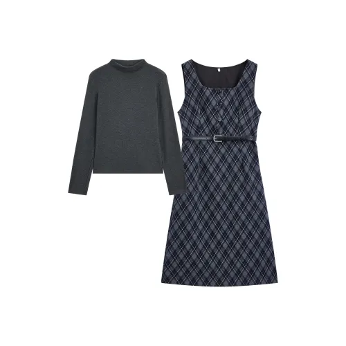 AIYIFU Серый Синий Клетка Женские Комплекты Юбка
