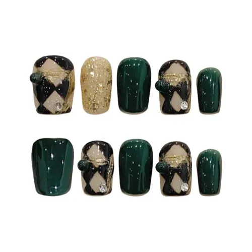 KDOW Лето Emeralds Алмазный узор Handcrafted False Nail Мягкий Nail Art Патч Короткий LADDER Зеленые оттенки Jump Цвет