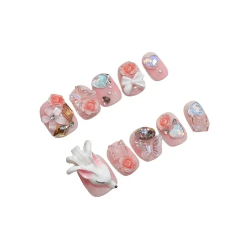 Rui Jin SAKURA Любовь Tale Лиса Кристальный Мягкий Бант Сердце False Nail Короткий Белый Однотонный 16mm