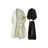 Экрю пальто + черный свитер + черные штаны