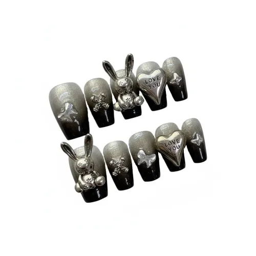 Rui Jin Готический Кролик Премиум Эксклюзивный Ручной Съемный False Nail Короткий Черный Градиент Однотонный 18 мм