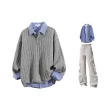 Темно-серые штаны + светло-серые штаны + сапфирово-синяя рубашка