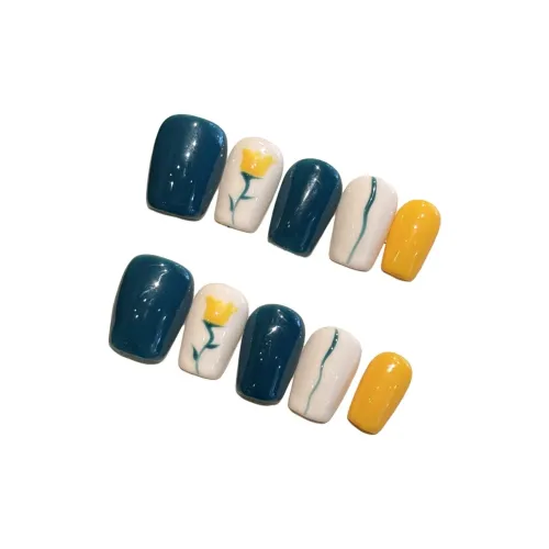 Rui Jin Цветочный Освежающий False Nail Укороченный Короткий LADDER Синий Однотонный Милый 16mm