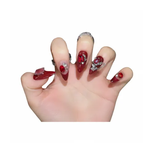 Rui Jin Капля воды Shaped Bridal Горячая девушка False Nail Миндаль Красный Однотонный Стразы Украшенный 22 мм