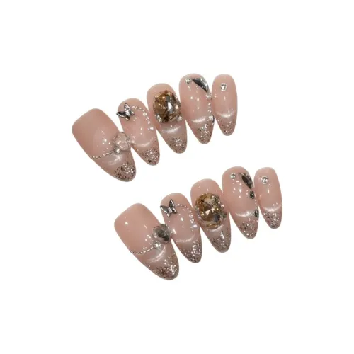 Rui Jin Лето Handcrafted False Nail Миндаль Телесный Однотонный Кошачий глаз 24 мм