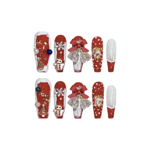 Rui Jin Жемчужная цепочка Санта-Клаус Осветляющий Премиум Feel False Nail MID Длина Красный Однотонный Милый 28 мм