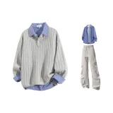 Светло-серый + светло-серые штаны + сапфирово-синяя рубашка