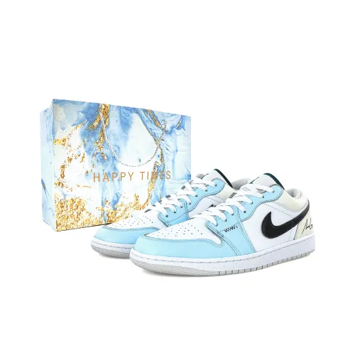 Jordan Air Jordan 1 Устойчивый к истиранию Низкий Топ Винтажные Баскетбольные Кроссовки Мужские Синий Бежевый Белый