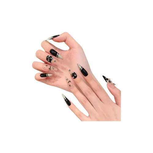 Fanze Gothic Style Горячая девушка Эксклюзив Handcrafted False Nail Миндаль Длинный Заостренный Черный Jump Цвет Flashing 30MM