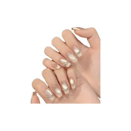 Fanze Французский Сверкающий страз Glass Beads Cat Eye False Nail Trapezoidal Телесный Градиентный Coquette 20мм