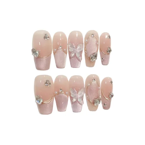 XIBI Лунно-серебряный Бабочка Premium Luxury False Nail Короткий LADDER Розовый Градиентный Сияние 15mm