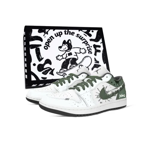 Jordan Air Jordan 1 Пава Blast Коробка Устойчивая к истиранию Низкий Топ Винтажные баскетбольные кроссовки Унисекс Белый Зеленый