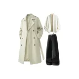 Экрю пальто + экрю свитер + черные штаны