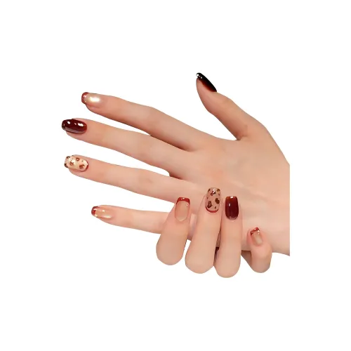 T Z Премиум Бургунди Французский Deep Коричневый Леопардовый принт False Nail Короткий Квадрат Коричневый Градиентный Coquette