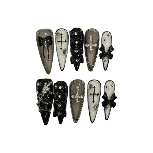 Rui Jin Готический Бабочка Осветляющий Премиум Feel False Nail MID Длина Заостренный Черный Однотонный Стиль Instagram 26мм