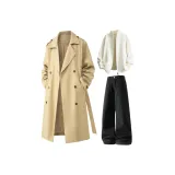 Хаки пальто с флисовой подкладкой + экрю свитер + черные штаны с флисовой подкладкой