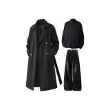 Черный тренч с флисовой подкладкой + черный базовый слой + черные штаны с флисовой подкладкой