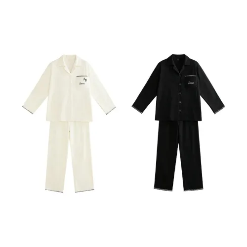 JUNEI Цветовой блок Парный Женские Экрю + Мужской Черный Унисекс Пижамные комплекты