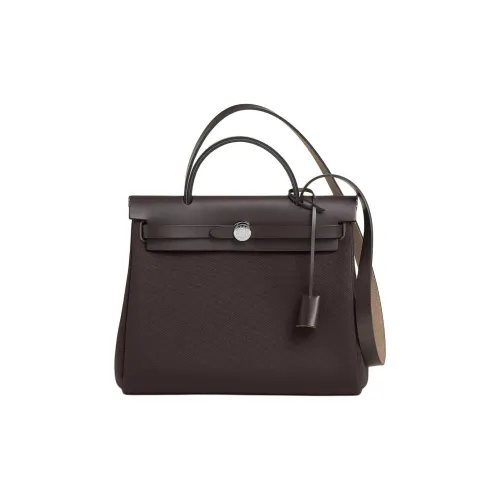 HERMES Herbag Zip Ткань с коровьей кожей Сумка Женская Эбеновый