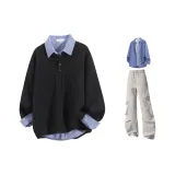 Чёрные+Светло-серые штаны+Сапфирово-синий рубашка