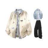 Абрикос + Светло-синяя рубашка + Черные штаны