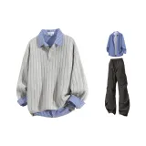 Светло-серые + черные штаны + сапфирово-синяя рубашка