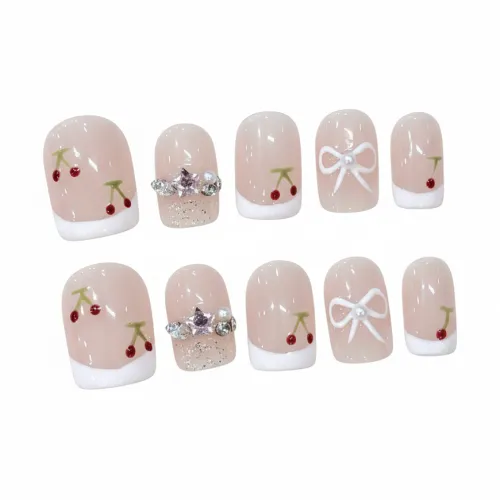 Rui Jin Осветляющий Премиум Бант Красный Вишня Ручная работа Искусственный Ногтей Короткий Светлый Однотонный