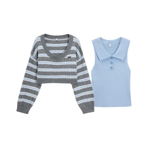 AIYIFU Серый с синими полосами Женские Комплекты с юбкой