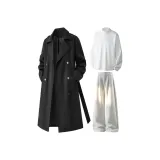 Черный тренч + белая подкладочная ткань + бело-серые штаны Фотиния