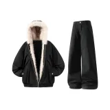 Черное пальто на флисовой подкладке + черные джинсы на флисовой подкладке