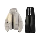 Бежевый абрикосовый пальто + черные штаны с флисовой подкладкой