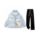Светло-синий хлопковый пуховик + черные флисовые утепленные спортивные брюки