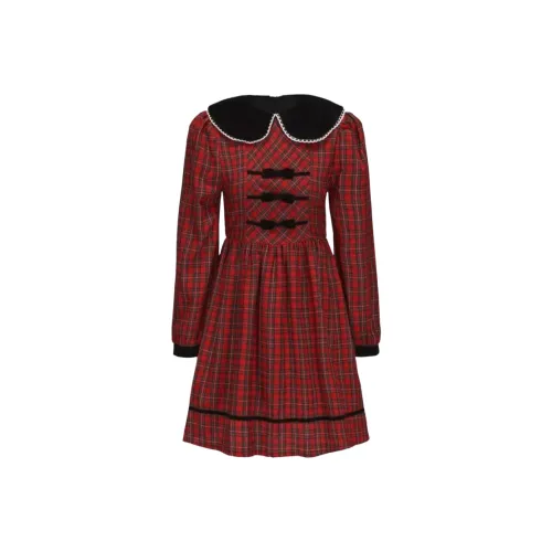 HEYNA Red Plaid Women's Long Sleeved Dresses HEYNA Красное Клетчатое Женское Длинное Платье с Длинными Рукавами