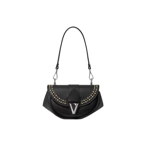 VERSACE Virtus Корова Кожа Плечевая Сумка Маленькая Женская Черная и Серебряная