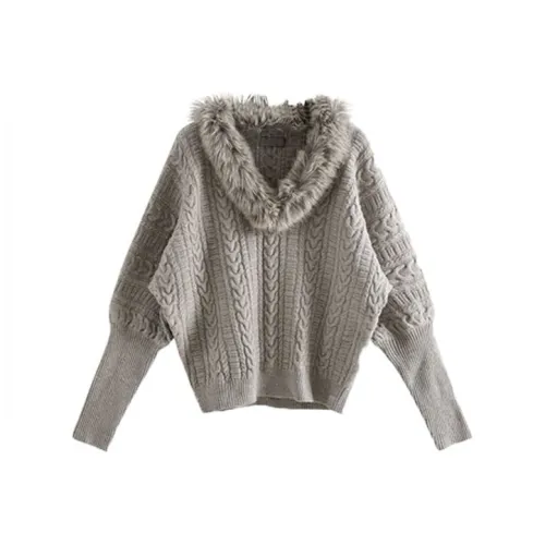 IWZI Серый V Меховой воротник Женский Трикотаж