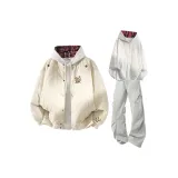 Хаки + Белый Серый Свитшот + Светло-Серые Штаны