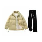 Хаки хлопковый пуховик + черные флисовые утеплённые спортивные брюки