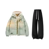 Светло-зеленый хлопковый пуховик + черные штаны с флисовой подкладкой