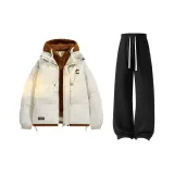 Экрю хлопковый пуховик + черные штаны с флисовой подкладкой