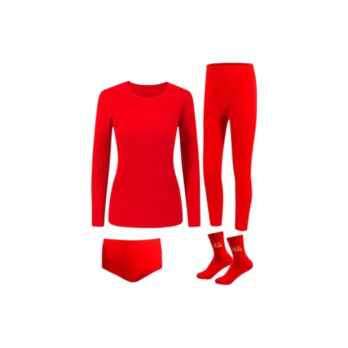 QINGYING Средний воротник Четырехкомпонентный комплект Однотонный красный женский термокостюм