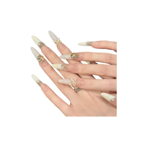 SHAQINUO Custard French Sweet Style Girlish Summer Glitter Bowknot Handcrafted Princess Nail Art 35mm False Nail