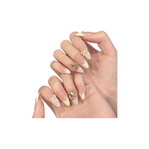 SHAQINUO Custard French Sweet Style Girlish Summer Glitter Bowknot Handcrafted Princess Nail Art 20mm False Nail Almond