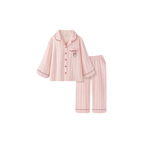 QINGYING Cherry Blossom Pink Kitten Long Sleeved Women's Pajama Sets