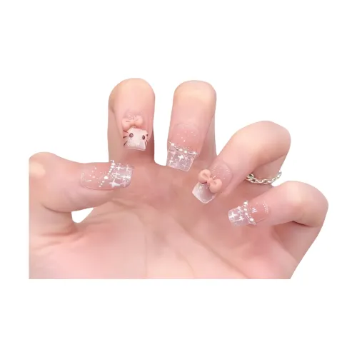 AIDINGQI Sweetheart Кошка с Румяна And Кошачий глаз Бант Handcrafted False Nail Короткий LADDER Розовый Телесный Coquette 18mm