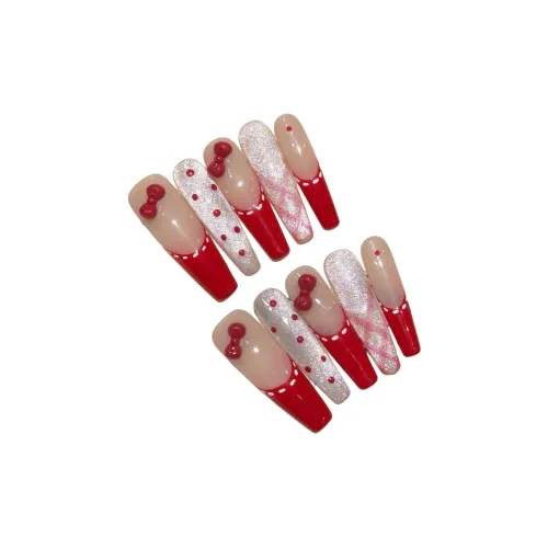 YUNYUEQIAO Polka Dot Burgundy Bowknot Dreamy Party French Plaid Cat Eye Vintage Handcrafted False Nail 30MM