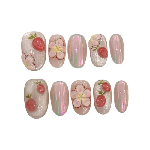 RUIJIN Клубничный Chomp 3D-эффект Ручной Осветляющий Клубничный Разрисованный Цветочный False Nail Овал Яркий цвет