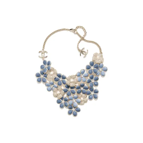 CHANEL Металлические ожерелья Женские Золото Синий Жемчужно-белый Кристальный