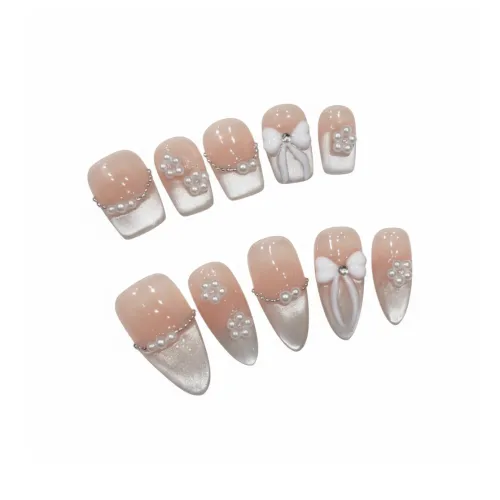 Rui Jin Лето Girlish Кремовый стиль False Nail Almond Light Solid Color Cat Eye 26mm