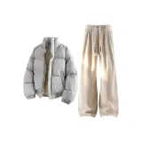 Серый хлопковый пуховик + абрикосовые штаны