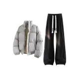 Серый хлопковый пуховик + черные штаны